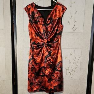 Dressbarn Red and Black Sheath Midi Dress V-Neck Cap Sleeves